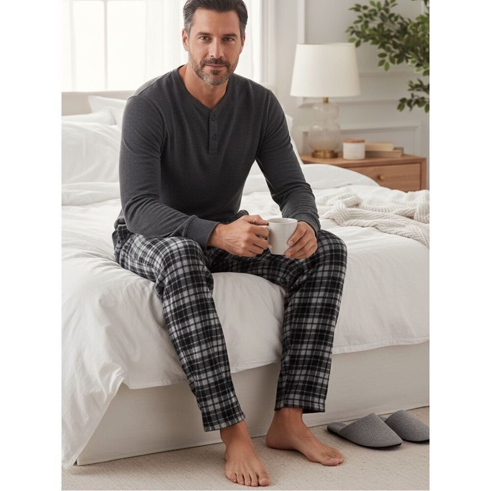 Nautica Men’s Fleece Sleep Pants Plaid Gray Black Cozy Lounge M/M